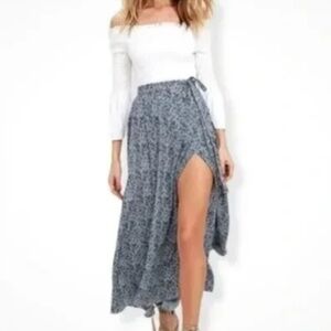 Used Lulu's Beautiful Tempest Navy Blue Print Wrap Maxi Skirt